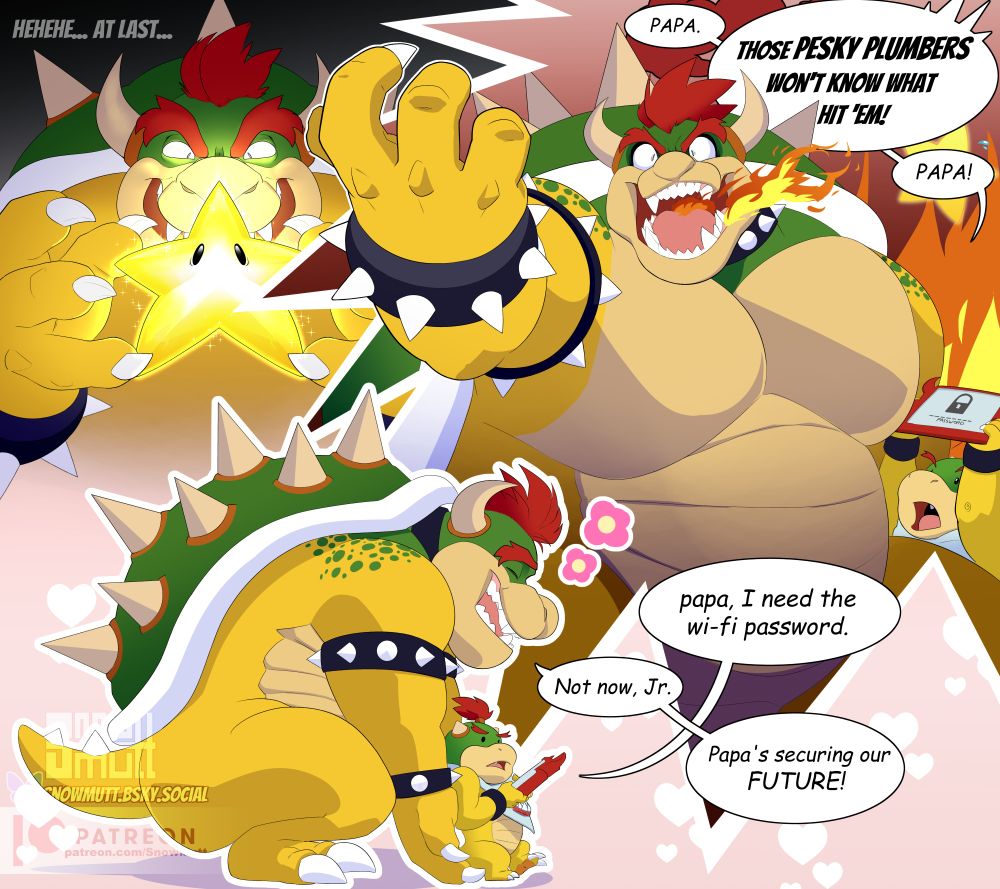 Bowser pontificates about his dastardly plans to finally defeat Mario and Luigi; meanwhile Jr. makes a desperate play for the WiFi password. Bowser gently shoos him away- he's busy securing their future.
