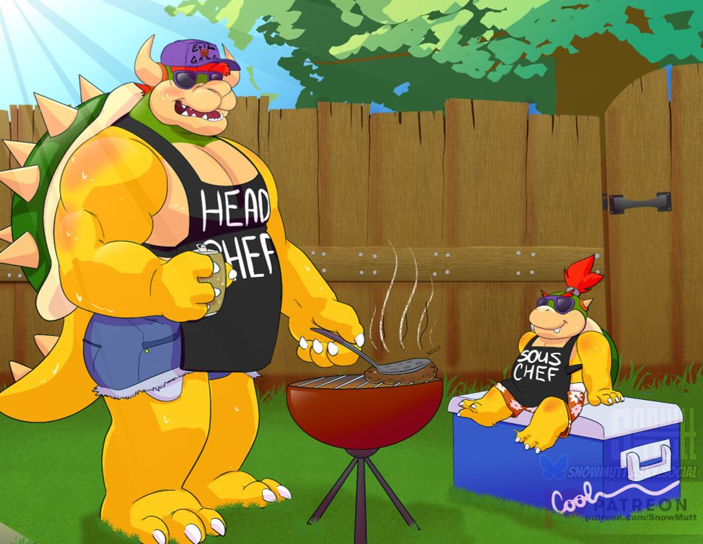 Bowser mans the grill with a can of pop and an apron reading "Head Chef." Bowser Jr. supervises from a nearby cooler, wearing his own apron reading "Sous Chef." Both look very handsome in their sunglasses.