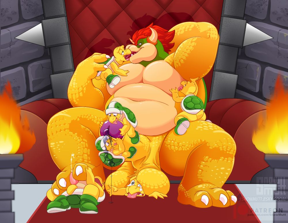 Bowser rests on his throne, tended to by his loyal Koopa Troopas