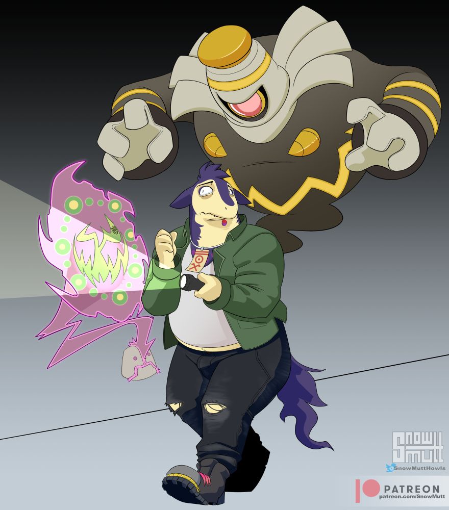 An anthropomorphized Hisuian Typhlosion explores haunted halls with a flashlight while stalked by other Ghost-type Pokemon who want to possess his body. His trusty Cleansing Tag is the only thing that keeps them at bay- for now...