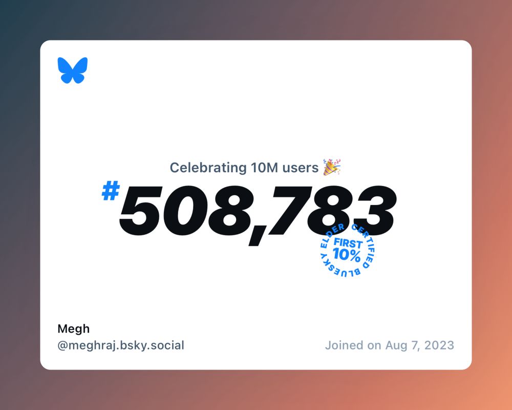 A virtual certificate with text "Celebrating 10M users on Bluesky, #508,783, Megh ‪@meghraj.bsky.social‬, joined on Aug 7, 2023"
