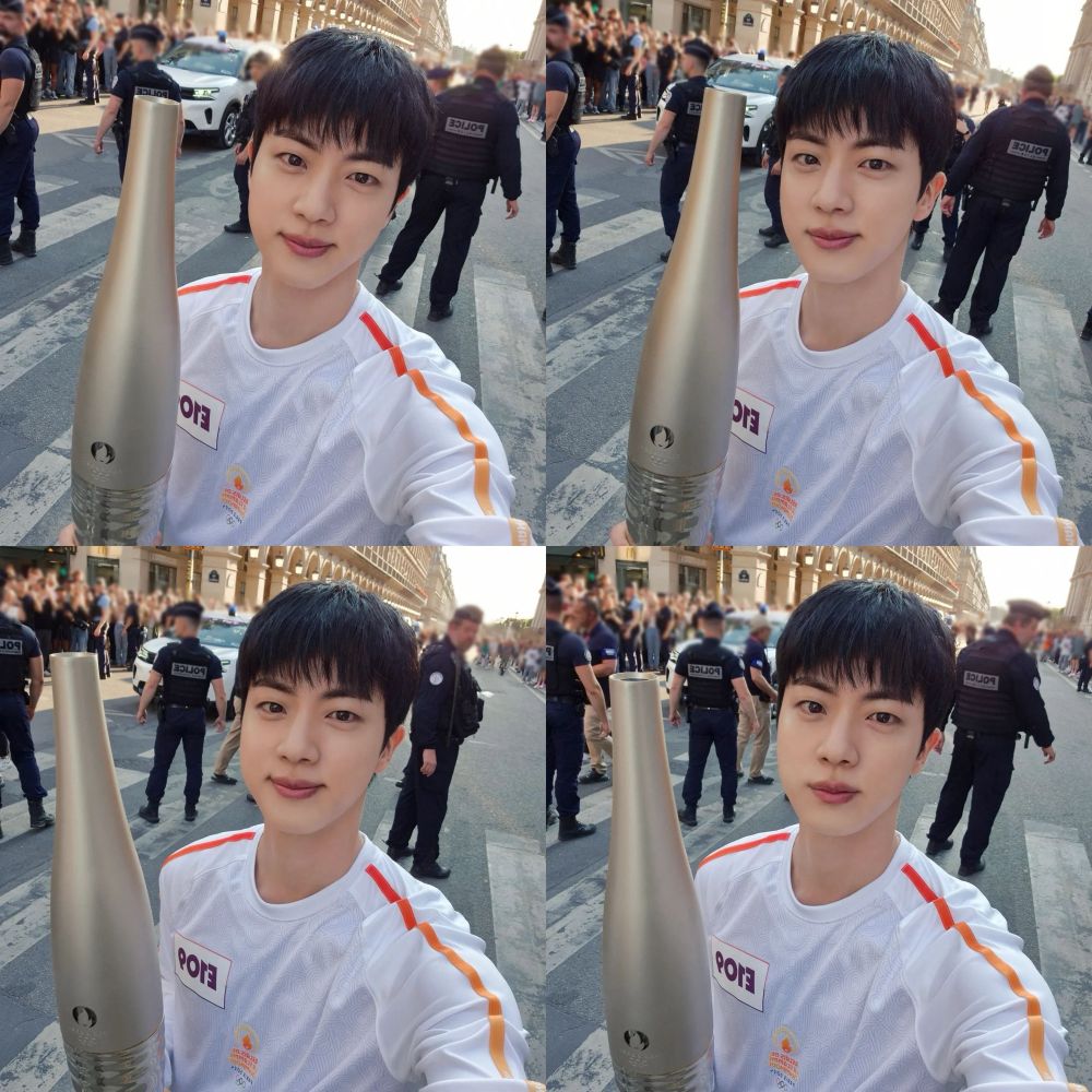 Jin's selcas posted on his instagram during the torch ceremony in Paris Olympic 2024