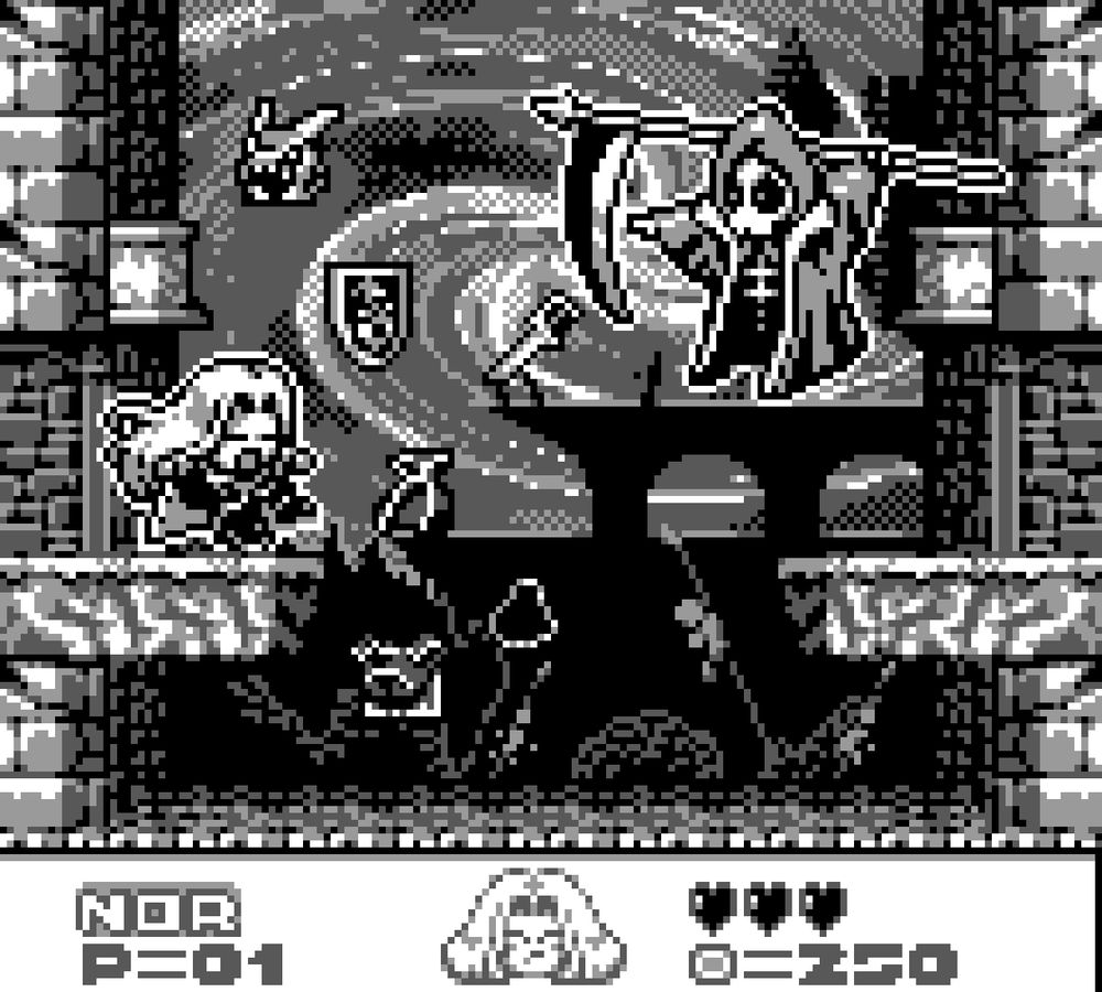A recreation of the death scene in the beginning of Castlevania SOTN in a GB style, akin to Kid Dracula. In black and white.