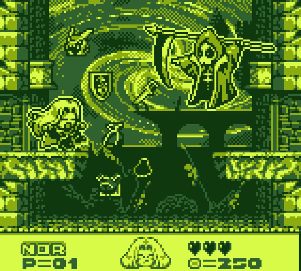 A recreation of the death scene in the beginning of Castlevania SOTN in a GB style, akin to Kid Dracula. In a classic GameBoy palette.