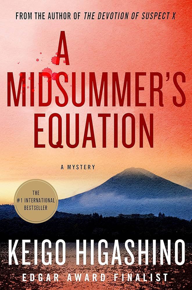 The book cover for A Midsummer’s Equation by Keigo Higashino. It features a pink and yellow sky with a blue, snowcapped mountain in the distance.