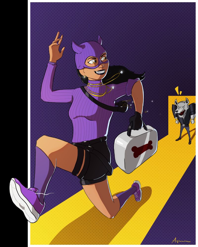 Digital art of Valentina from Fortnite, running towards the viewer, with a briefcase in her hand, looking back at an angry Fletcher Kane, while waving with a cheeky smile. Valentina has a purple knitted sweater, rolled up on her left arm. The many shiny, golden necklaces around her neck are waving in the wind. She has a knitted robber's mask, styled with bat ears. Her long, black hair is also waving in the wind as she's running. She has a pouch around her shoulder, from which necklaces, rings and diamonds are falling out. She's wearing black shorts, a black glove on her left hand, long, puprle socks and purple sneakers. On her waving right hand she sports purple nails. She has tanned skin and amber eyes. Fletcher Kane is an anthropomorphic, grey dog wearing a black shirt, striped suit pants and brown leather boots. He has a belt with a silver buckle shaped like the moon. The setting is stylizied: a purple background with a yellow "road" leading to the "door" where Fletcher stands.