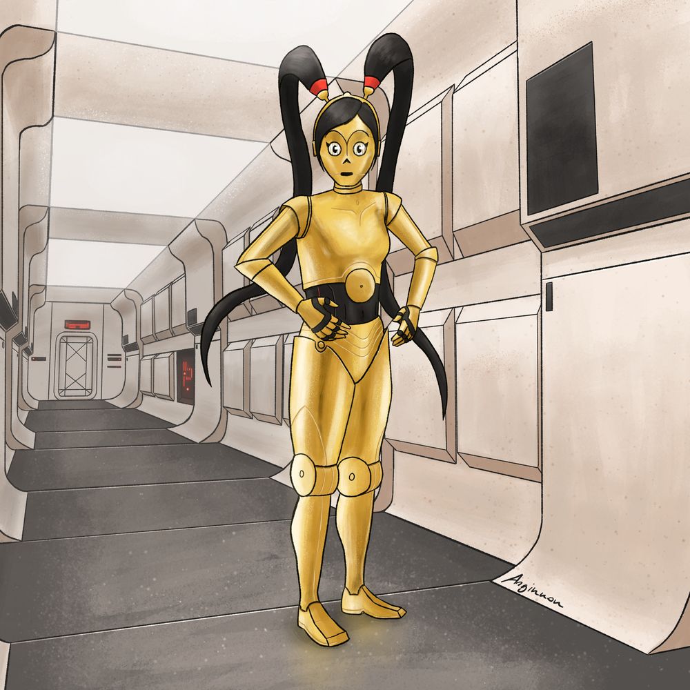 Digital drawing of a golden android standing in a futuristic, white hallway. The robot is a mix of the characters Tsuki from Fortnite and C-3PO from Star Wars. She has a golden body loosely portraying female anatomy. Her stomach area is not covered by golden plates and is shaped like abs. She has black hair on her head and a headband, from which two tails go upwards, forming what looks like long pigtailed hair. The hallway ends in a door and is illuminated by strong lights on the cieling.