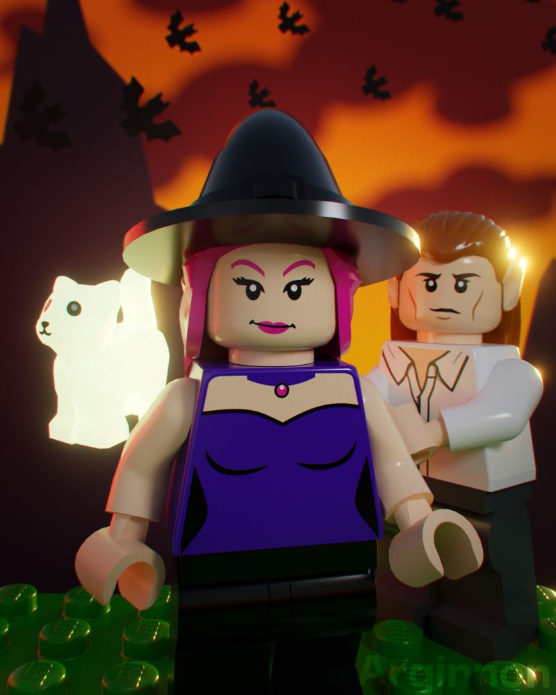 3D render of Raznay's characters Razzy Witch, Vayren Drayce and Ghost Kitty as LEGO figures. Razzy is standing confidently at the front. She has pink hair, light skin and long eyelashes. She's wearing a black witch's hat, a purple corset and a purple necklace with a pink gem on it. Vayren is standing on her right with a wry smile on his face. He has long, light brown hair, fair skin and pointy ears. He's wearing a shirt unbuttoned at the top. On Razzy's left, Ghost Kitty is floating, glowing in the dark. They're standing on a green LEGO plate and the background resembles the box art of the 90s Fright Knights LEGO sets. There are a couple of mountains in the distance, the sky is orange with red clouds. A swarm of bats are flying across the sky.