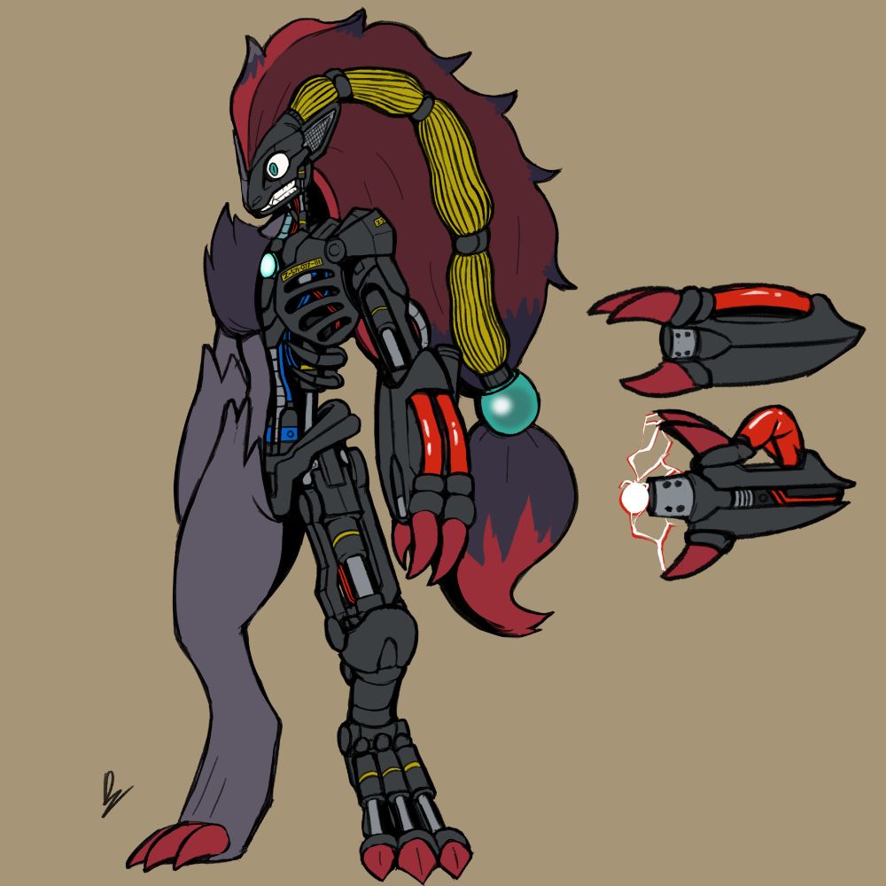 Z-571-[077]-III "Roark". A corporate android based on the pokemon Zoroark! The art piece is a cutaway that provides a look at his internal structure and systems as well as the built-in cannon located within his arm.