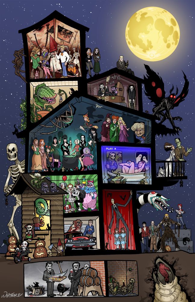 Cartoon illustration of a cutaway scene of a haunted house. There are 10 rooms, each populated by various horror movie or Halloween themed characters. The Scooby Doo gang visit Silent Hill. A room full of vampires. A bigger room with lots of witches. Clowns. A bathing woman being stalked by Freddy and Jason. The Shining twins meet Slenderman. Stephen King getting into his car, Christine, while menaced by Cujo. Vincent Price and Edgar Allen Poe having a wine and charcuterie meetup in the basement. A zombie party in the graveyard outside. Some trick or treaters getting candy from a big tentacle. A Frankenstein family gathering on the balcony. And Mothman perched on the roof.