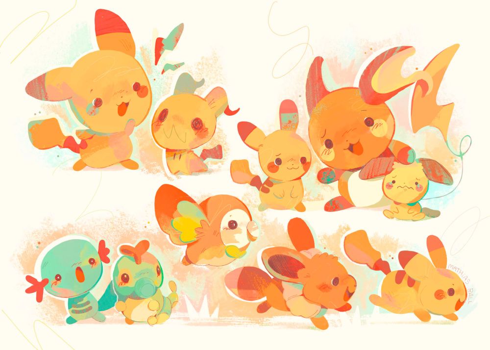 An illustration spread of Pikachu and friends in a primary colour palette. Image features Pikachu, Mimikyu, Raichu, Pichu, Wooper, Caterpie, Rowlet, and Eevee. 