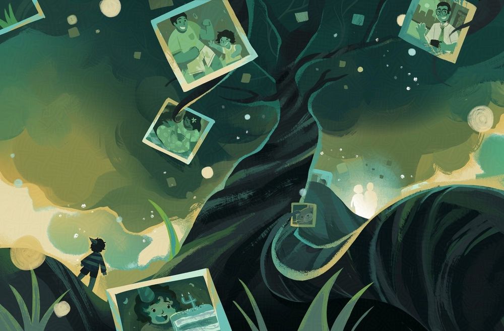 An illustration spread for the book, Robins Worlds, written by Rainie Oet. A child stands at the bottom of a tall tree, looking up to see pictures of them throughout their life with different family members.