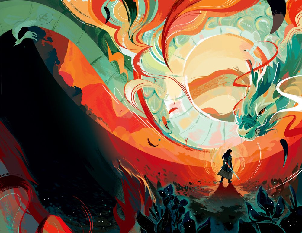 Cover illustration for The Night Ends with Fire, by K. X. Song.
Illustration depicts a figure standing central of the right half of the page, facing away from the viewer, with a sword in hand. In the foreground are black flowers illuminated by a teal glow. Above the figure is a green and orange dragon, surrounded by abstract colourful shapes.
