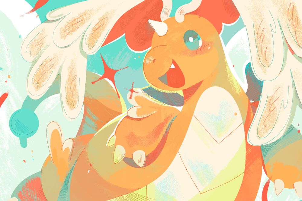 An illustration of the Pokemon, Mega-Dragonite, flying through the clouds.