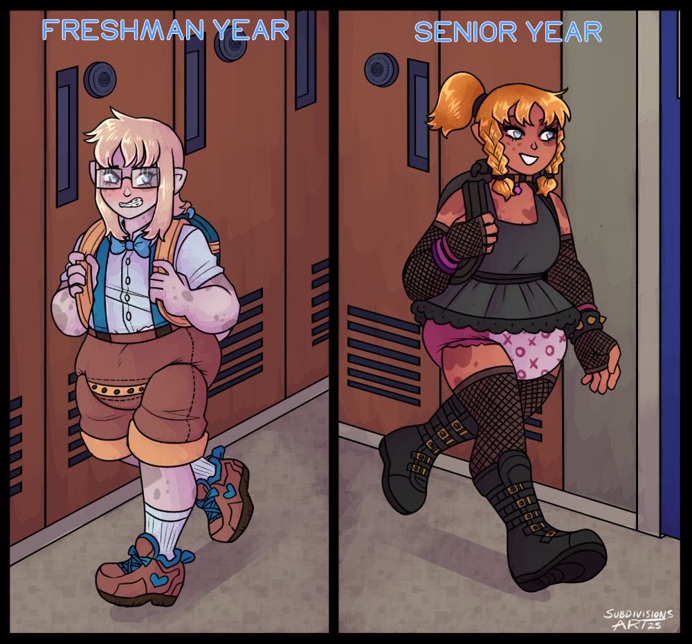 Jezza the gnome is featured in her year book photos, one shows her as a pre transition kid in freshman year of high school, wearing nerdy clothes, brown shortalls, a diaper under, tennis shoes and glasses and braces. the second photo is her post transition and she is wearing a goth outfit with a short black dress, no braces, a showing pink diaper and smiling with braided hair