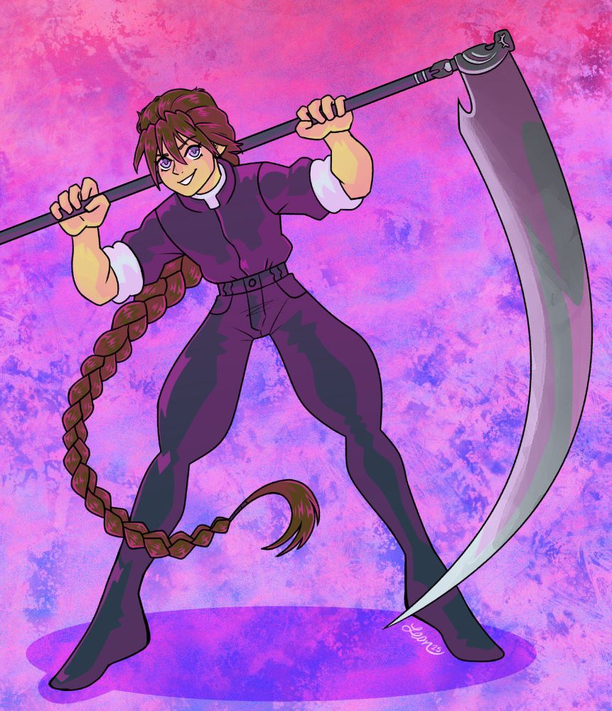 a drawing of the character duo maxwell from gundam wing holding a scythe 
