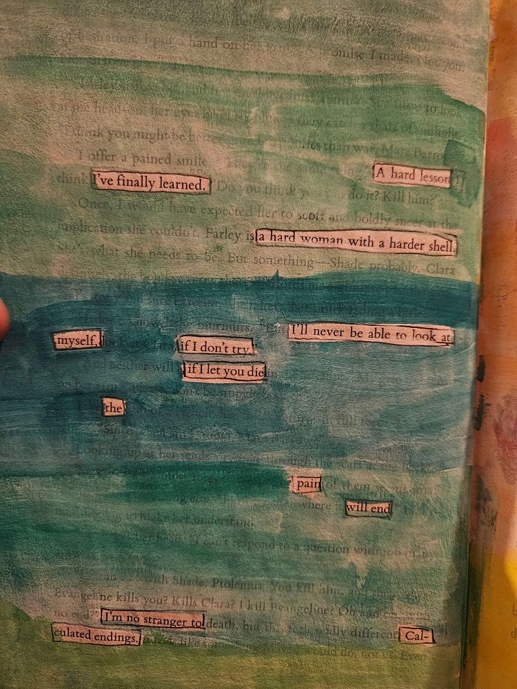 A watercolor painted page in blues and greens with the text of the OP circled.
