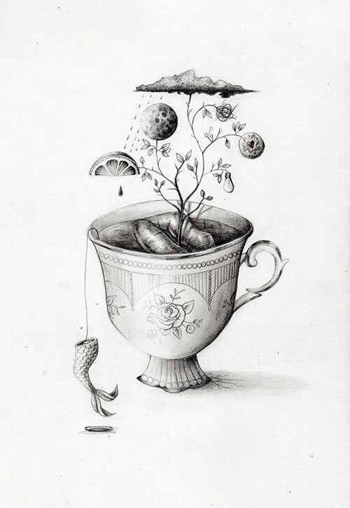 Illustration of a teacup with a small tree growing inside of it. The branches hold the moon, a citrus wedge, a light bulb, a cookie, a nest, and a rain cloud. There is a mermaid tail hanging out of it also like a tea bag. Artist: Unknown