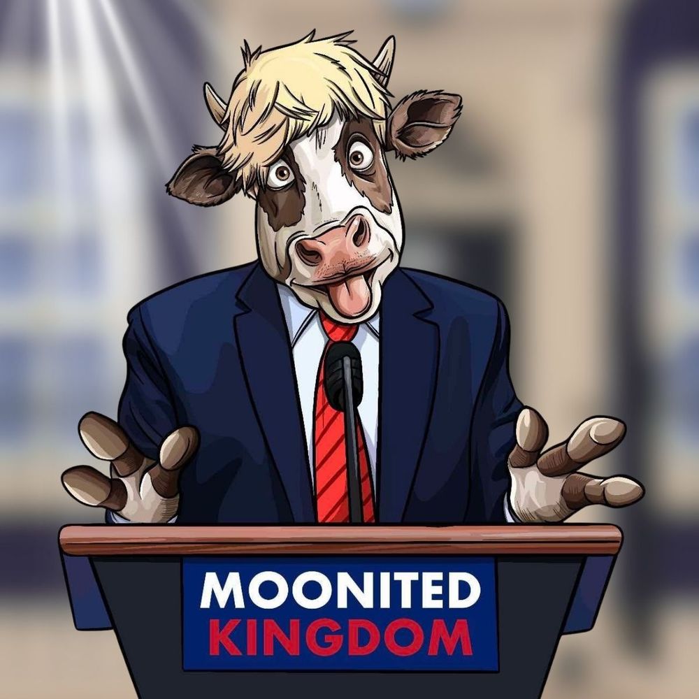 A cow, in a suit, behind a podium with the slogan, Moonited Kingdom on it.
