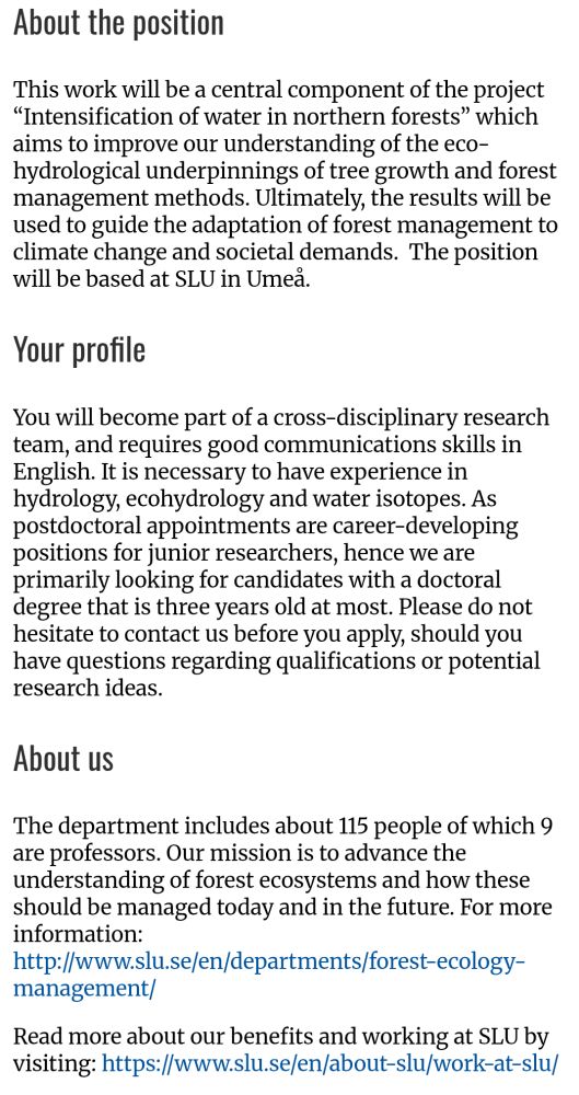 Screenshot of the info provided in the link

https://www.slu.se/en/about-slu/work-at-slu/jobs-vacancies/