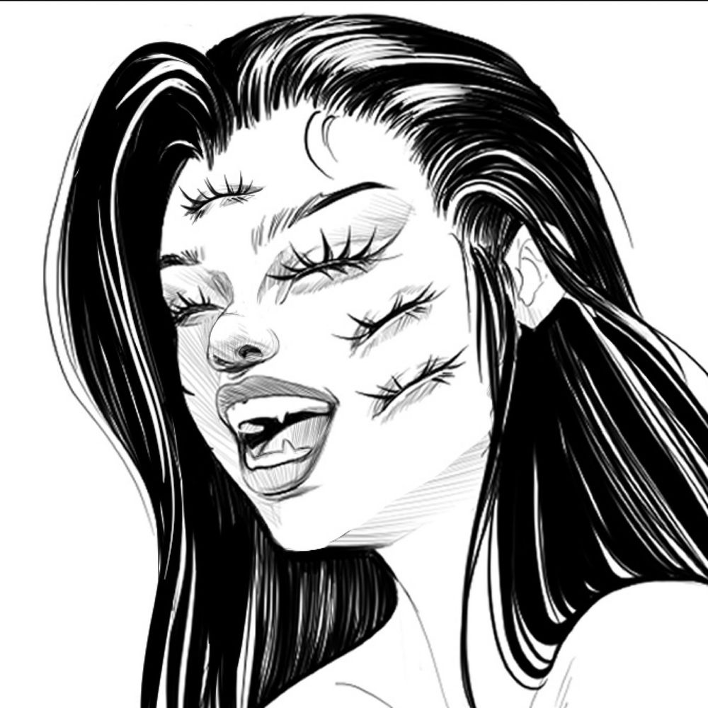  Digital pencil sketch of dalikmata laughing. Head is tilted to the side. All eyes are squinting closed in laughter. eyes are placed doubly on the cheeks and on the forehead. Full lips, wide nostrils, hooded eyes. Hair is slicked back straight and black, but some is falling forward in the act of laughing. Mouth is open mid-laugh, a toothy grin exposing a fanged but still friendly looking mouth. 