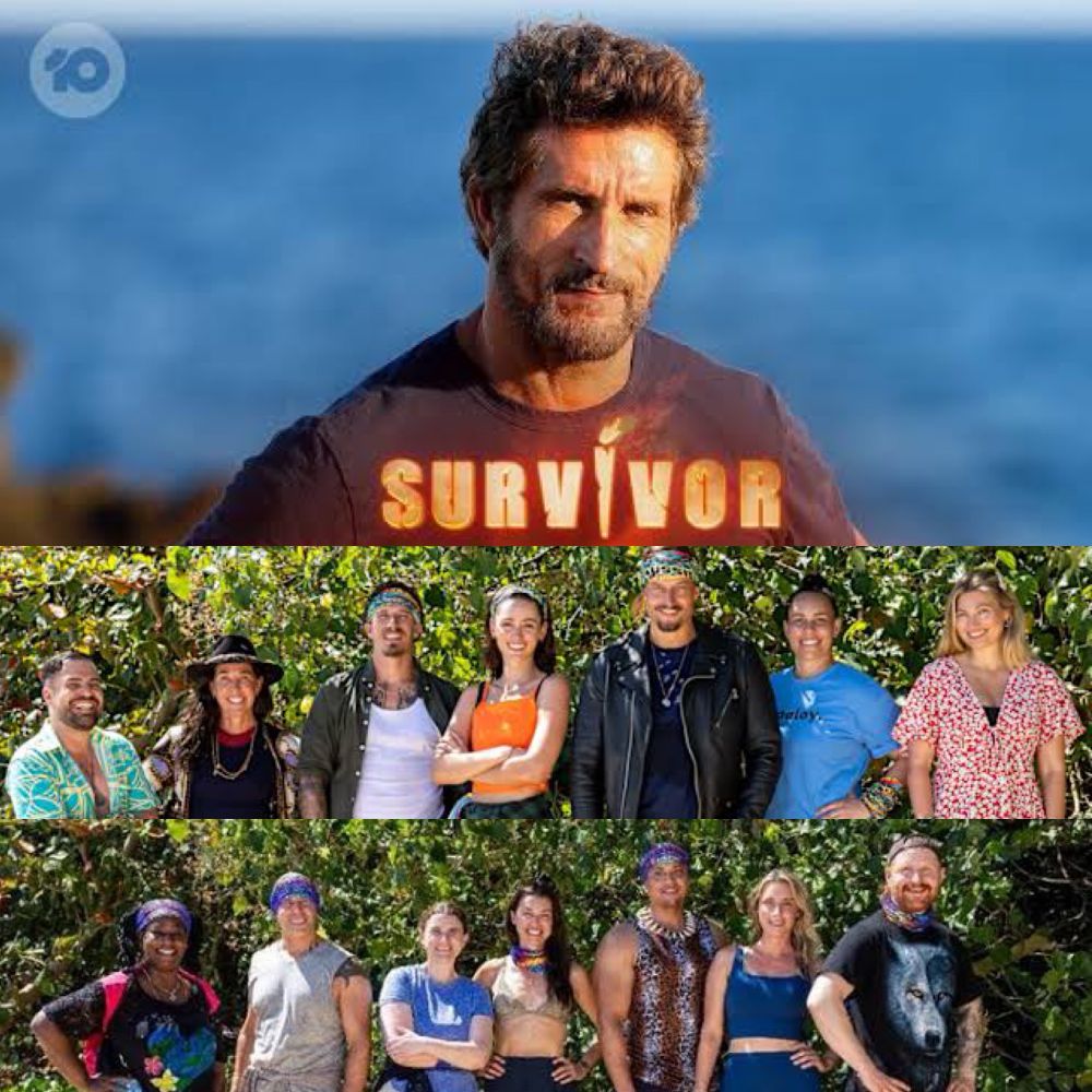 A collage of photos from Australian Survivor vs The World. Top is Jonathan LaPaglia the host. Middle is the Australian tribe. Bottom is the world tribe