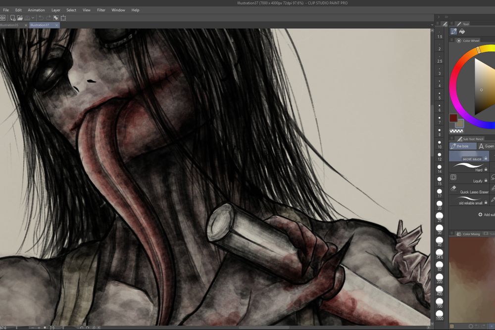 Closeup of the latest phantom work. A screenshot of a canvas showing the front of the head and shoulders  of a woman . Black hair , black eyes, with a white glow. A long tongue. Head tilted to the right , in her right hand ( bottom right) a knife. Lots of blood. Crystals sprawling out of her shoulder. She looks down at you . 