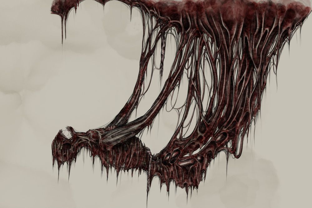 birth by me. side view a humanoid figure hanging from the ceiling from what appears to be a giant mass of flesh. his skin covered in tendrils and flesh. his skin grey. no eyes. long sharp teeth. hsi body melted into the mass of flesh.
