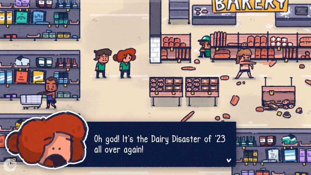 Character throwing bread in a trashed bakery section of a supermarket. Two employees look on while one is hiding behind bread. A speech box overlay states "oh god! It's the Dairly Disaster of '23 all over again!"