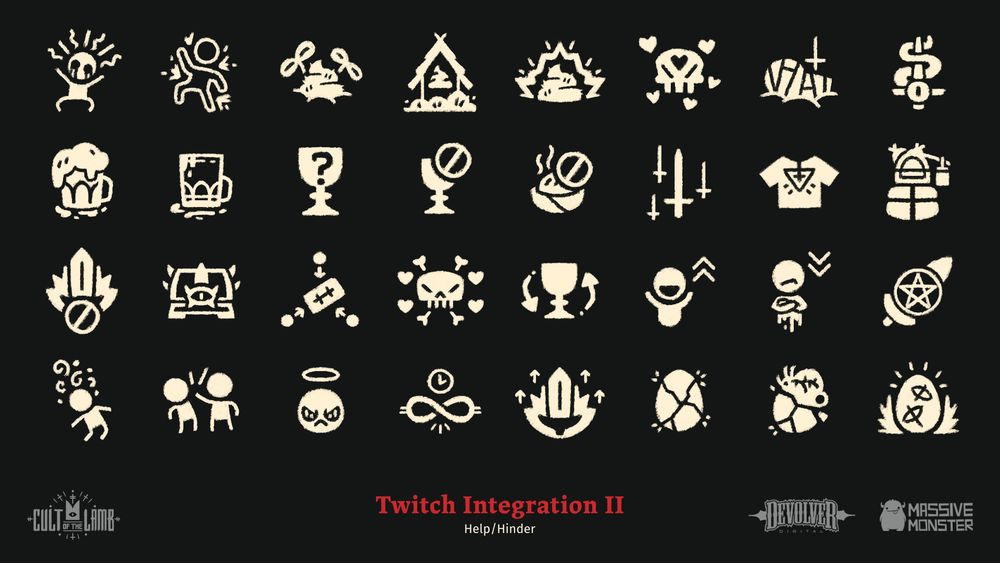 Variety of icons for Cult of the Lamb's Twitch integration. Includes beer, eggs, crazy humanoid figures, and multiple poops. 