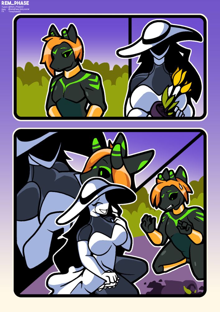 The artwork shows my sona Luka, a Noctide walking into a flower shop where he accidently knocks into the shops keeper, Nova who drops some yellow tulips. Luka scrambles to his knees in a panic, worried about the shattered pot. Nova gives a gentle eyes closed smile in response as she discreetly pulls out a rag.