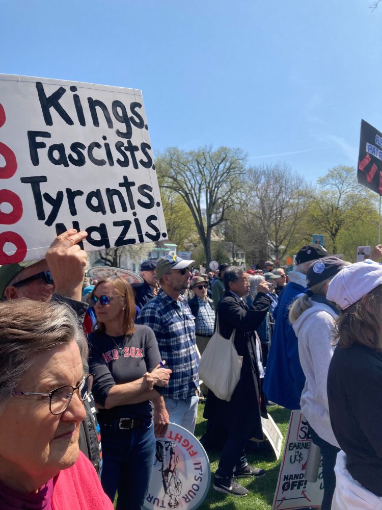 General crowd photo with one big sign that says "No Kings, No Fascists, No Tyrants, No Nazis."
