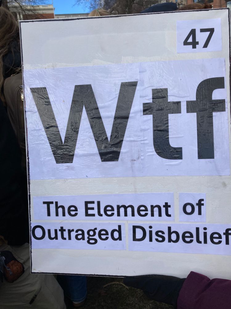 Black and white sign made to look like an element in the periodic table. Has the number 47 in upper right corner. The letters Wtf are the symbol, and the explanation is "The Element of Outraged Disbelief."
