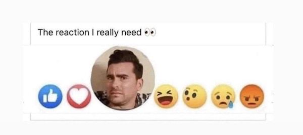 David Rose from Schitts Creek looking dubious and it says “the reaction I really need”