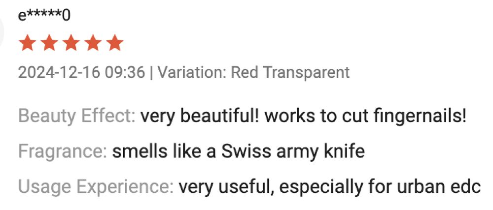 A customer review for a swiss army knife filling out a format provided by the e-commerce site likely based on product categorization. The mix of possible miscategorization and reviewers innocent honesty amusses yours truly.