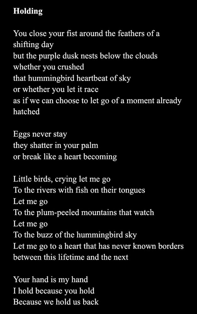 You close your fist around the feathers of a shifting day
but the purple dusk nests below the clouds whether you crushed 
that hummingbird heartbeat of sky
or whether you let it race
as if we can choose to let go of a moment already hatched

Eggs never stay 
they shatter in your palm
or break like a heart becoming

Little birds, crying let me go
To the rivers with fish on their tongues
Let me go
To the plum-peeled mountains that watch 
Let me go
To the buzz of the hummingbird sky
Let me go to a heart that has never known borders between this lifetime and the next

Your hand is my hand
I hold because you hold 
Because we hold us back
