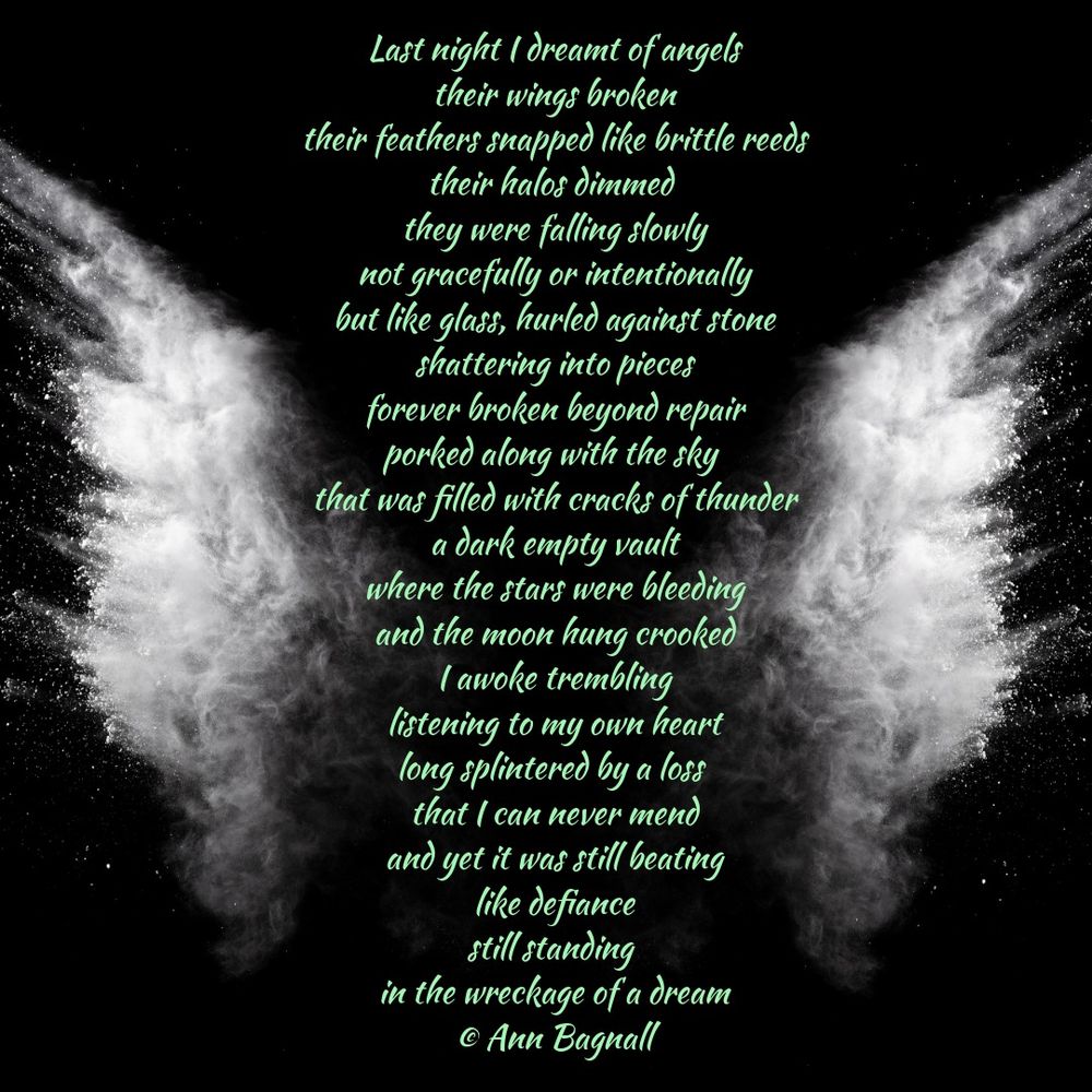 Last night I dreamt of angels
their wings broken
their feathers snapped like brittle reeds
their halos dimmed 
they were falling slowly
not gracefully or intentionally
but like glass, hurled against stone
shattering into pieces
forever broken beyond repair
porked along with the sky 
that was filled with cracks of thunder
a dark empty vault
where the stars were bleeding
and the moon hung crooked
I awoke trembling
listening to my own heart
long splintered by a loss 
that I can never mend
and yet it was still beating
like defiance
still standing 
in the wreckage of a dream
© Ann Bagnall
