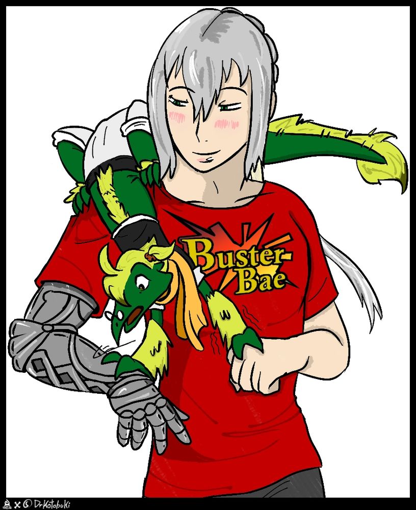Kompy the Compsognathus with Fate/Grand Order's Bedivere. Bedivere is without his knight armor and is instead wearing a modern red T-shirt with the words "Buster Bae" written on it, a comic book explosion seen underneath. Kompy is riding the knight's shoulder while admiring his silver arm, aka Argetlám. 