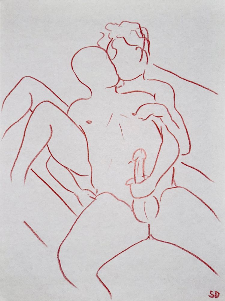 A colored pencil sketch in red and a simple style of a nude man, leaning back onto another one, his hand holding his erect cock while the other strokes the man’s nipple.