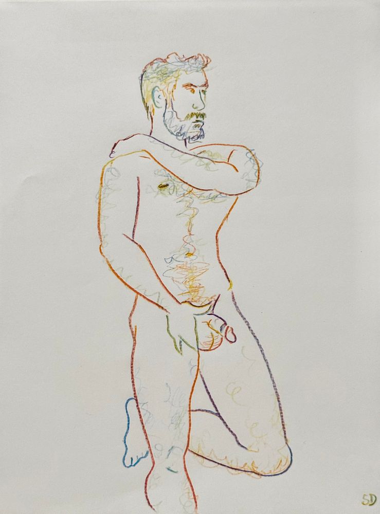 A multicolored pencil sketch of a nude man, leaning on a wall, one arm across his chest to his shoulder, the other gently framing his penis and scrotum, one knee bent with his foot against the wall