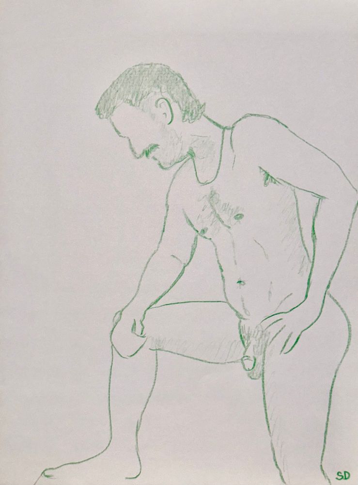 A colored pencil sketching in green of a new model standing with one foot on a chair seat and leaning with his forearm on his knee and the other on his hip