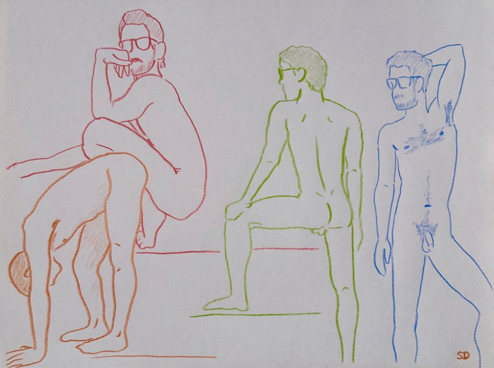 Four colored pencil sketches each in a bright color of the same nude model in four distinct poses. 