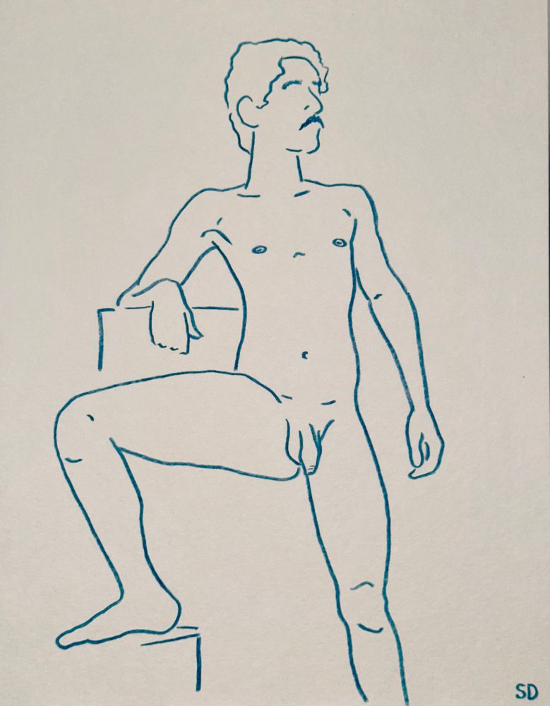 A colored pencil sketch in teal of a nude man leaning on a plane with one foot raised on a block, his intact, penis and balls on view as he looks into the distance
