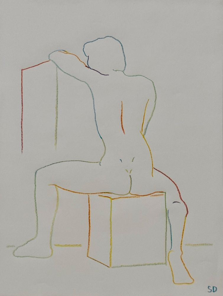 A multicolored pencil sketch in a simple style of a nude man seated on a cube facing away from the viewer and leaning against the wall with his arm and head