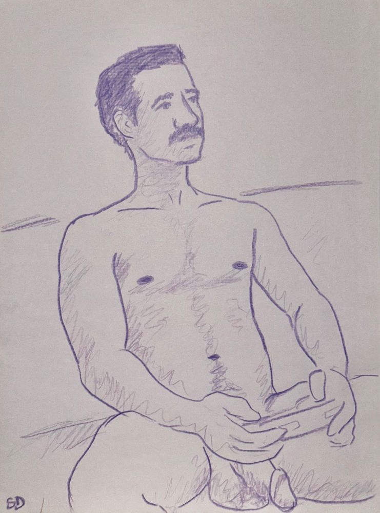 A colored pencil sketch in purple of a nude man seated on a couch playing Super MarioKart on Super Nintendo, his undercarriage on display