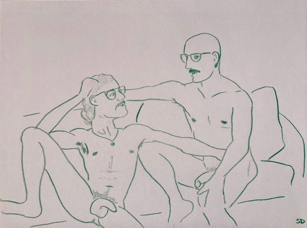 A colored pencil, sketch and green of two nude models in conversation on a couch. Both of them wearing glasses and sporting mustaches. One has long hair tied up in a bun, wears a necklace and has an intact foreskin while the other is bald, wears two small hoop earrings, and has been circumcised