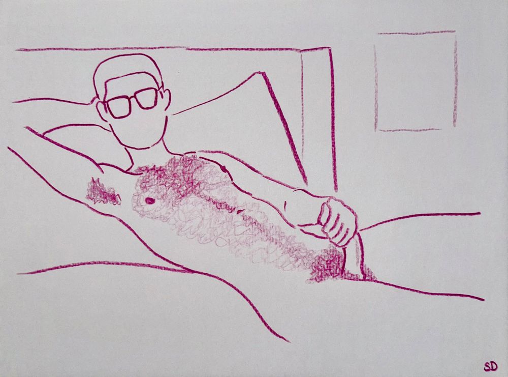 A colored pencil sketch, in magenta, of a nude male model (wearing only glasses) with a delightfully furry torso, reclining on a bed, his hard cock being held in his fist