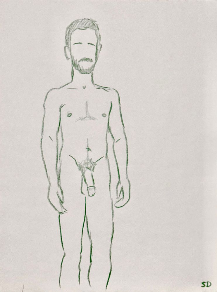 A colored pencil sketch drawing of a man standing unadorned in a classic pose