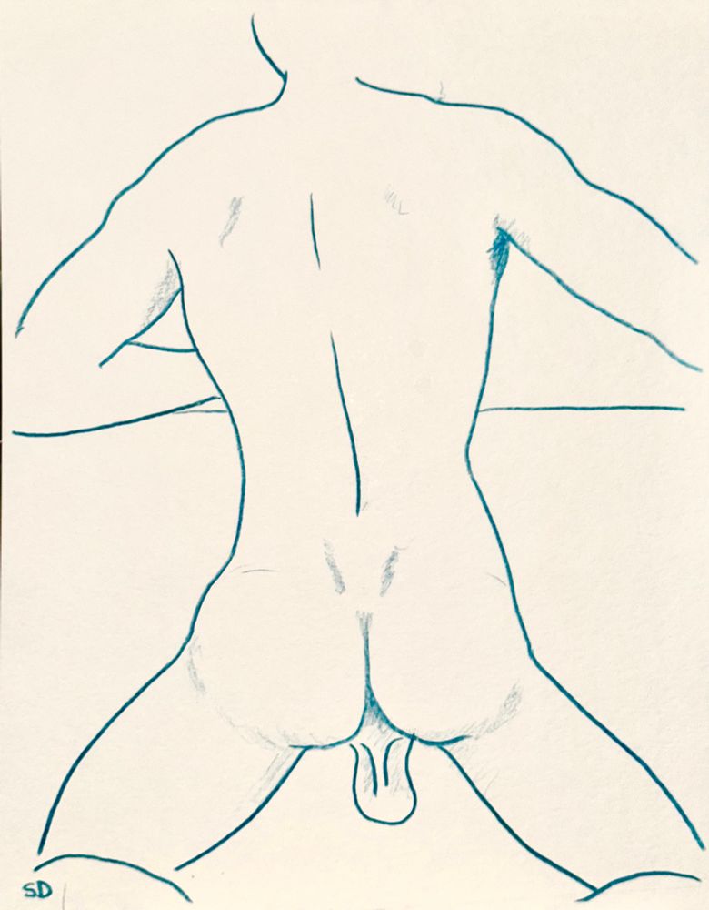 A colored pencil sketch in teal of a fit man’s back and round buttocks with dangling scrotum as he kneel on a couch backward