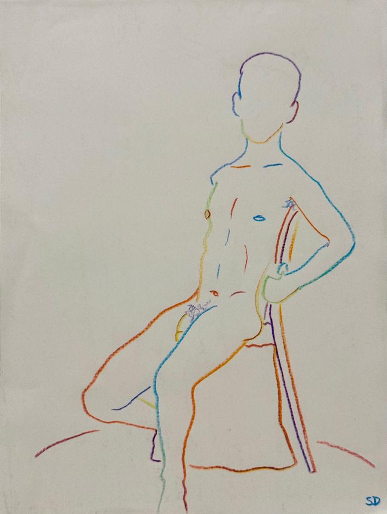 A multicolored pencil sketch of a nude man seated on a chair, angled 3/4 to the viewer and gripping the back of the chair
